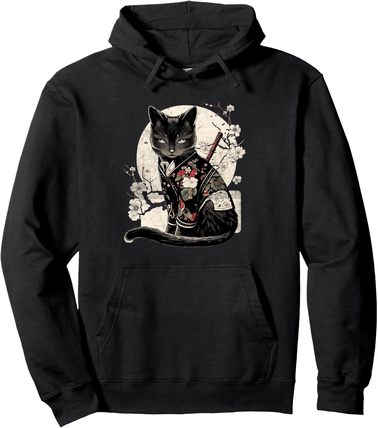Retro Japanese Samurai Ninja Cat Kawaii Tattoo Graphic Pullover Hoodie