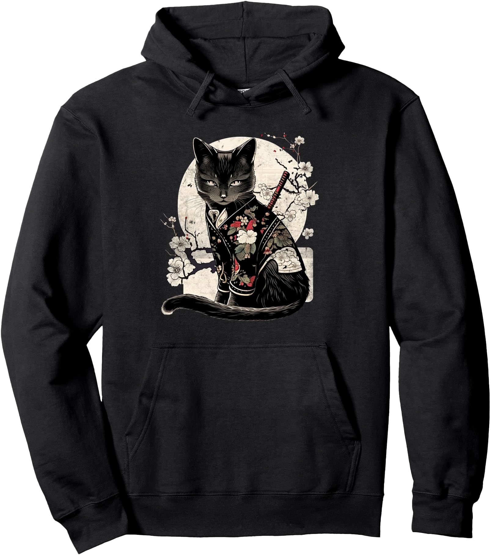 Retro Japanese Samurai Ninja Cat Kawaii Tattoo Graphic Pullover Hoodie
