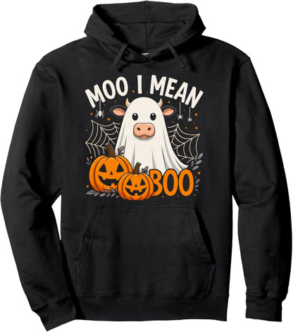 Moo I Mean Boo Funny Ghost Cows Halloween Highland Cow Pullover Hoodie