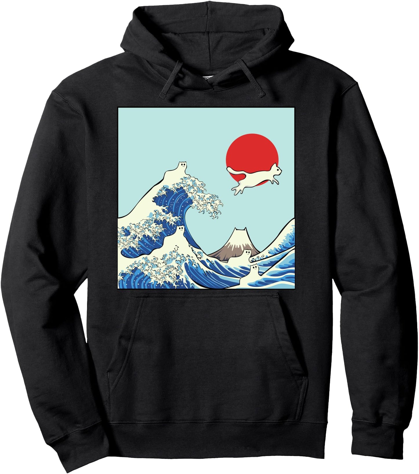 Great Wave Cat Kitties Tokyo Sun Kanagawa Hokusai Japanese Pullover Hoodie