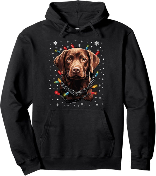 Chocolate Labrador Dog Christmas Lights Santa Hat Xmas Pullover Hoodie