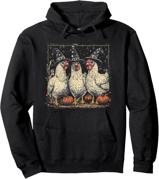 Chicken Witches Funny Halloween Witch Hats Spooky Vintage Pullover Hoodie