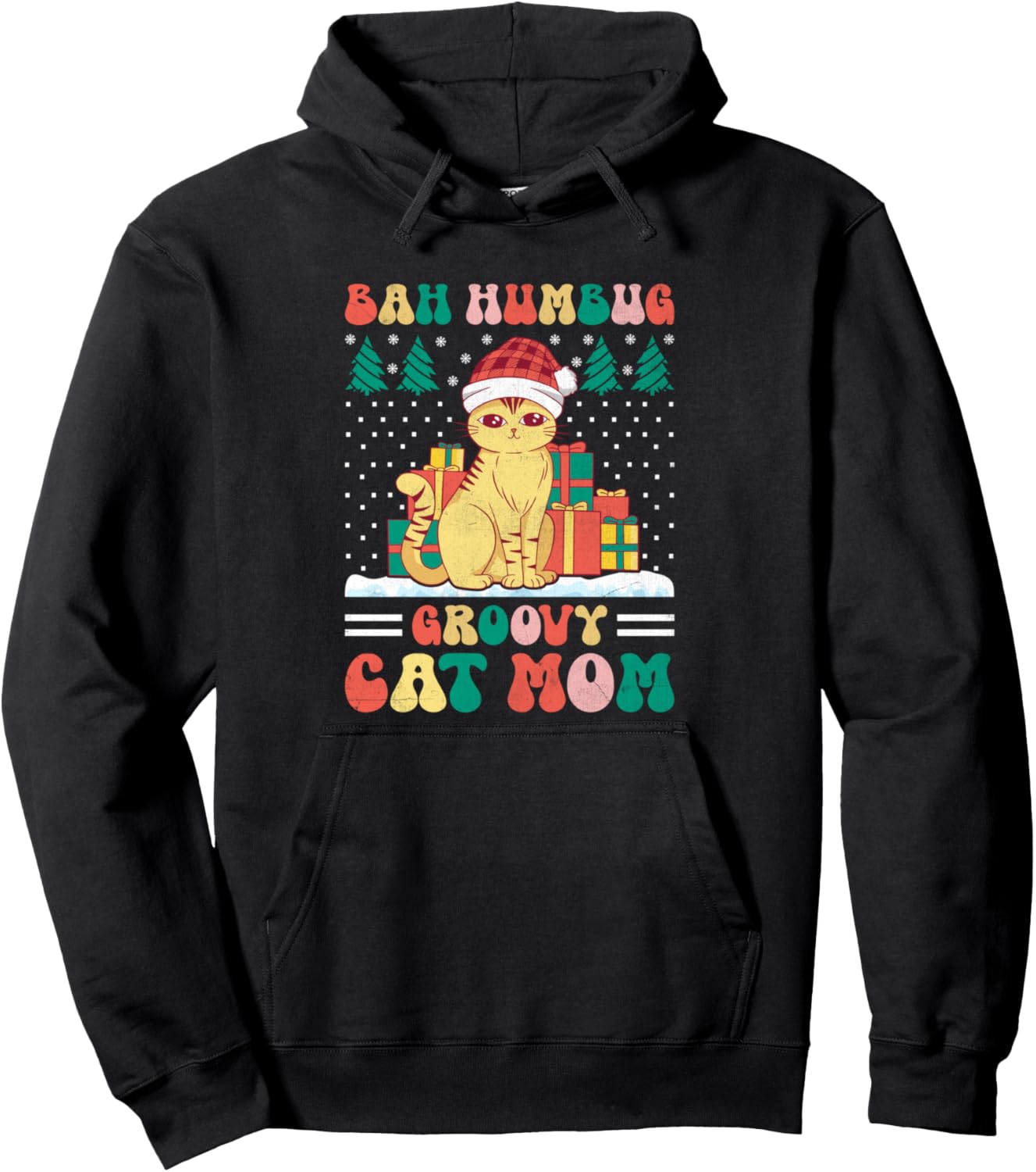 Christmas Cat Mom Retro Groovy Cats Adoption Holiday Pullover Hoodie