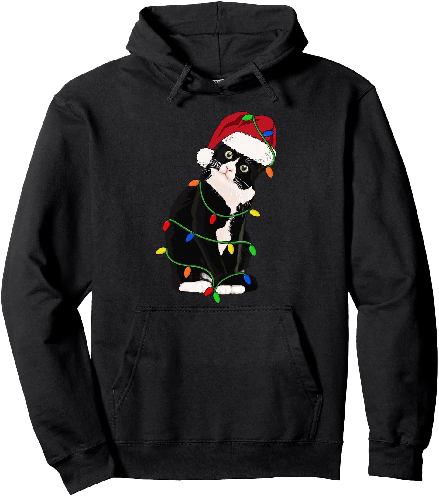 Tuxedo Cat Meow Santa Tuxie Christmas Tree Lights Cat Catmas Pullover Hoodie