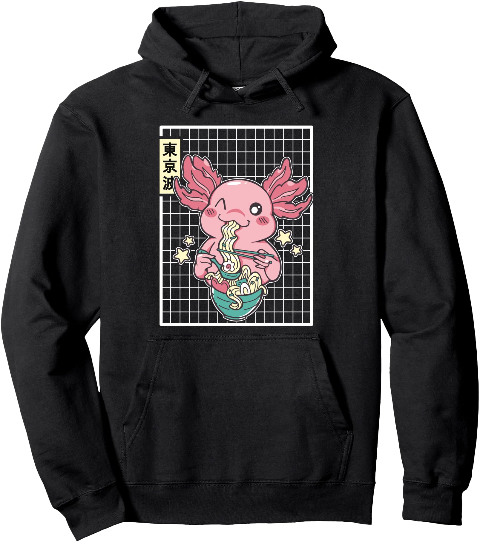 Kawaii Axolotl Eating Ramen Noodles Japanese Grid Teen Anime Pullover Hoodie