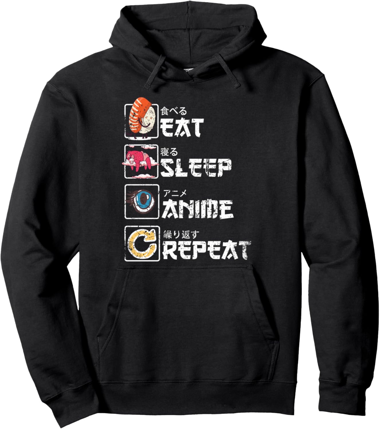 Kawaii Manga Sushi - Eat Sleep Anime Repeat - Retro Anime Pullover Hoodie