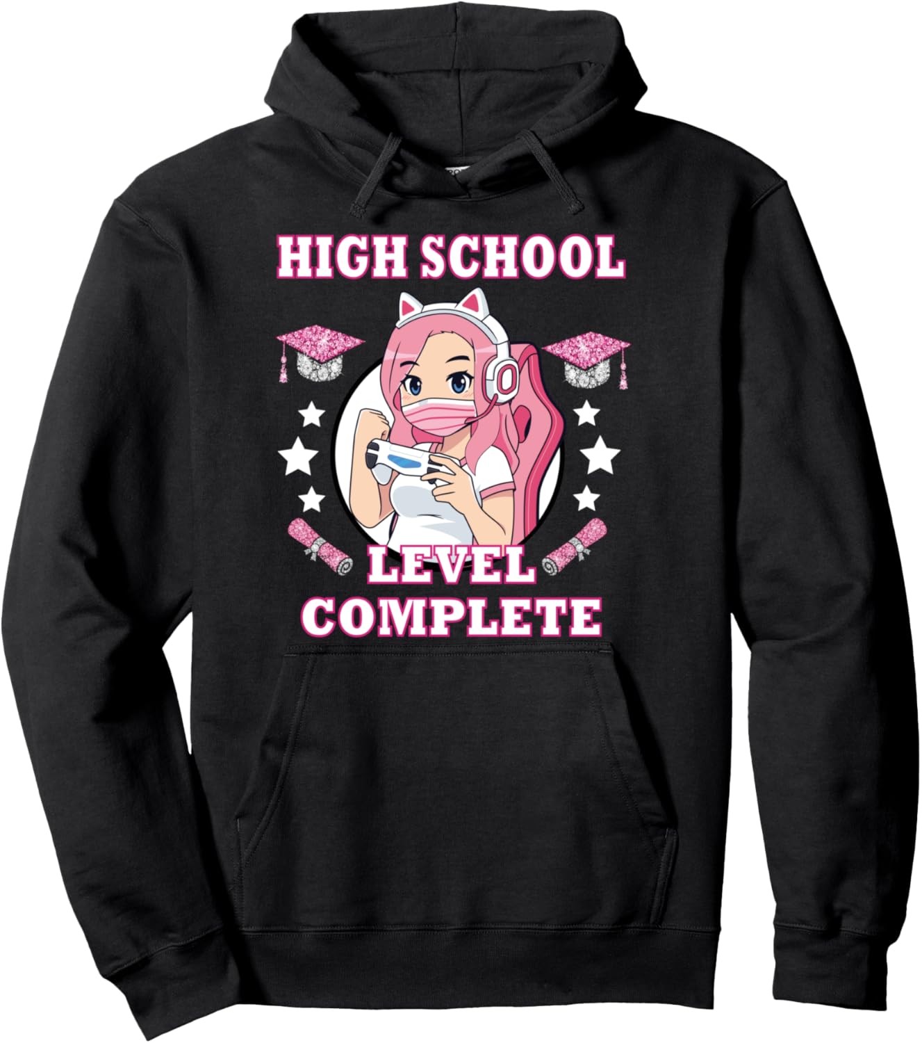 High School Level Complete Gaming Graduation Anime Girl Pullover Hoodie