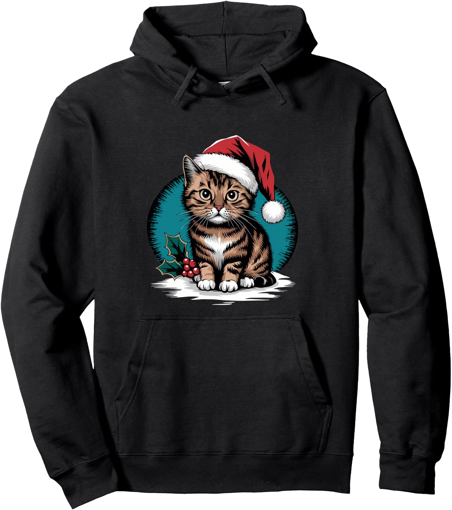 Cat With Santa Hat X-Mas Holiday Retro Kitten Christmas Pullover Hoodie