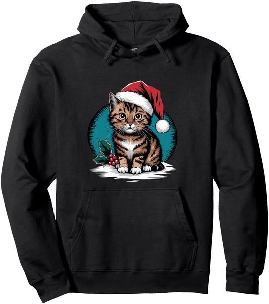 Cat With Santa Hat X-Mas Holiday Retro Kitten Christmas Pullover Hoodie
