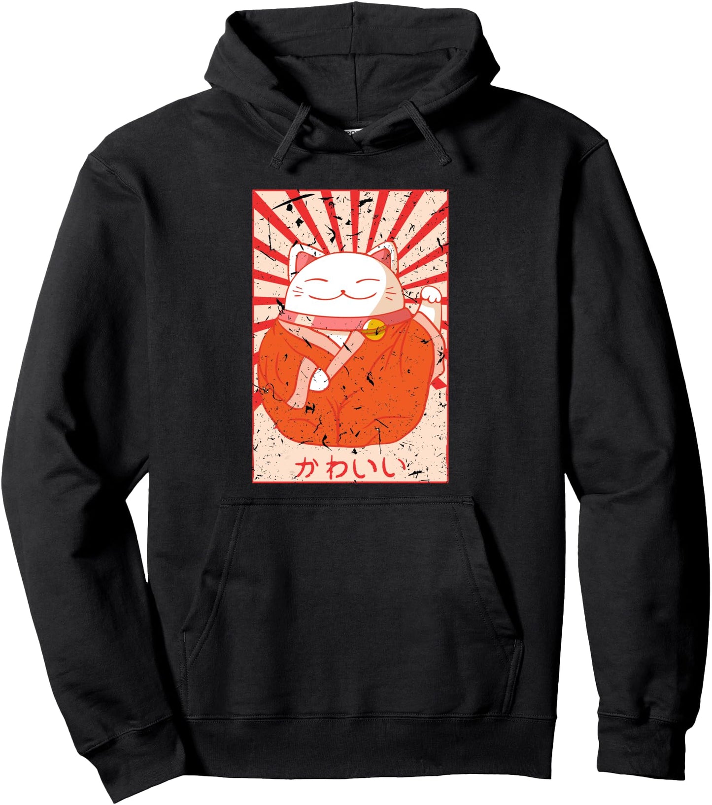 Maneki Waving Cat Neko Asian Japanese Funny Anime Kawaii Pullover Hoodie