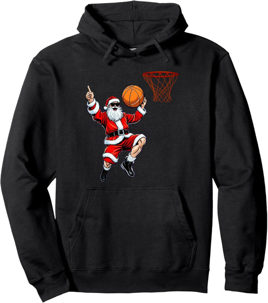 Christmas Santa Claus Dunking A Basketball Kids Boys Xmas Pullover Hoodie