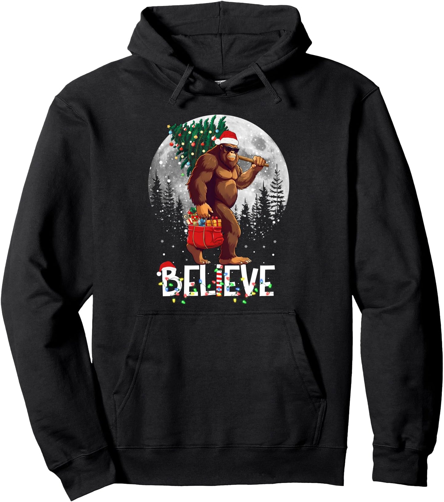 Santa Bigfoot Christmas Lights Funny Sasquatch Believe Xmas Pullover Hoodie