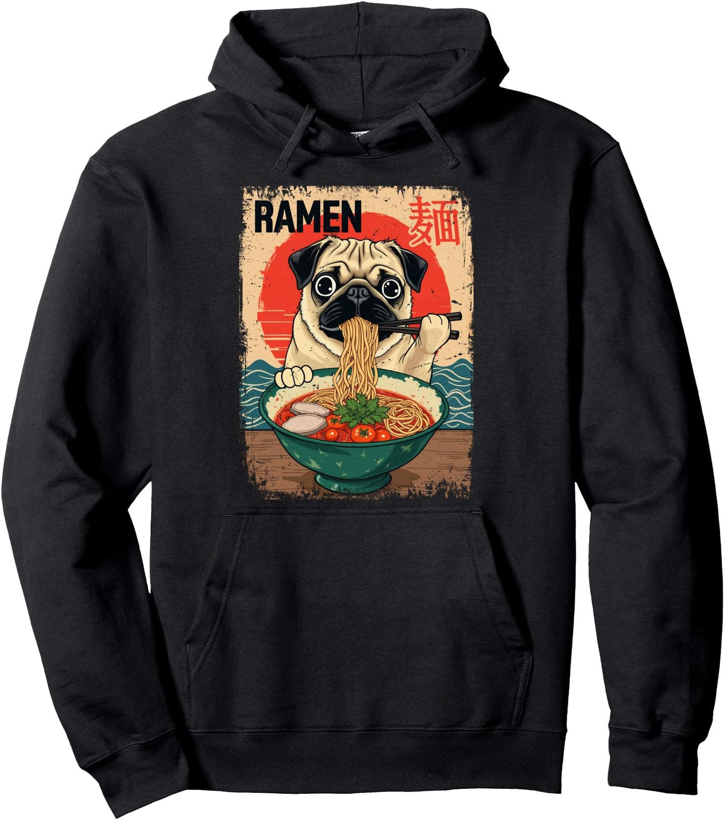 Japanese Pug Funny Dog Eating Ramen Vintage Japanese Noodles Pullover Hoodie