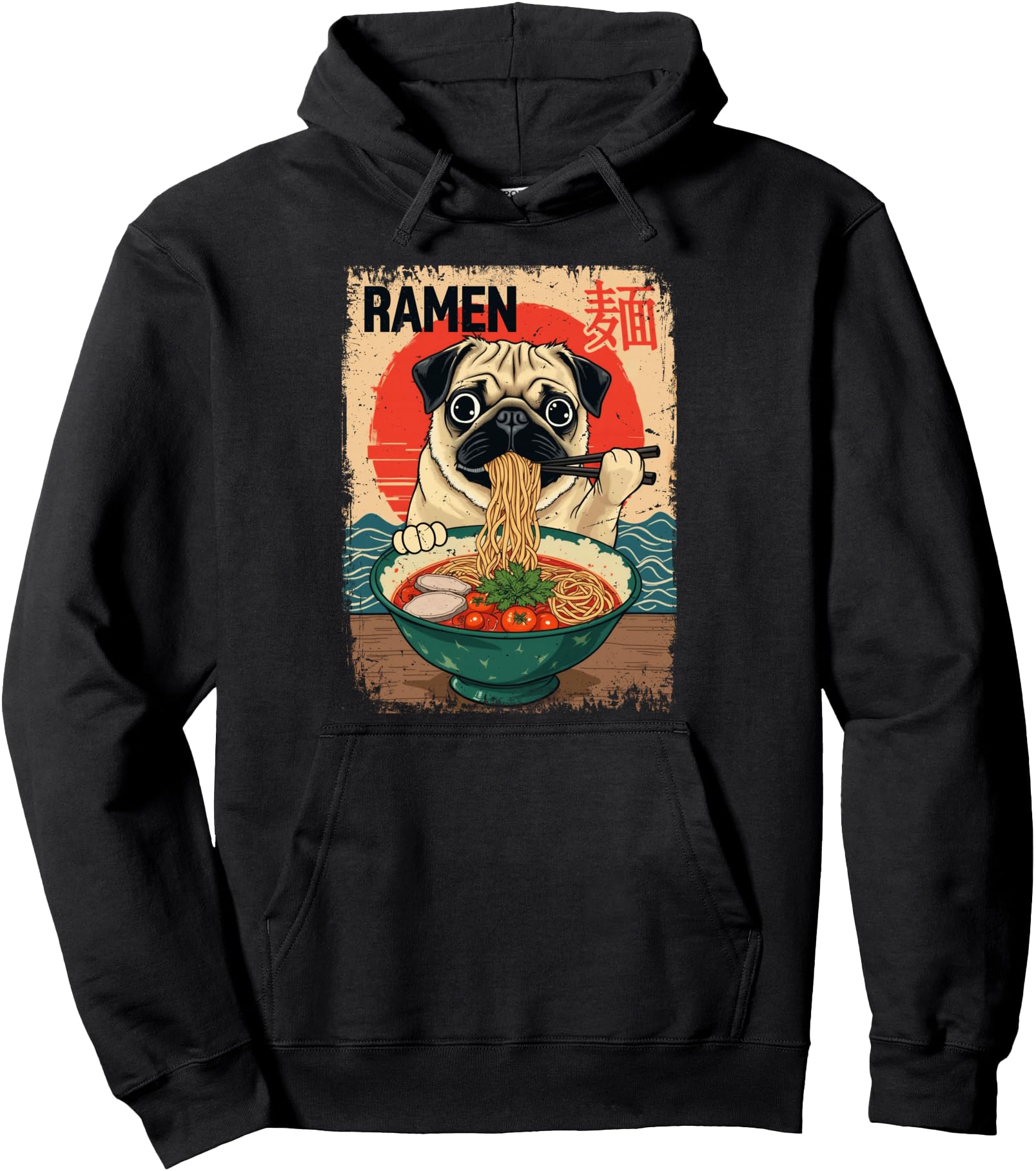 Japanese Pug Funny Dog Eating Ramen Vintage Japanese Noodles Pullover Hoodie