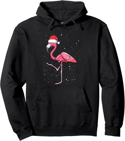 Christmas Flamingo With Santa Hat Pink Flamingo Xmas Squad Pullover Hoodie