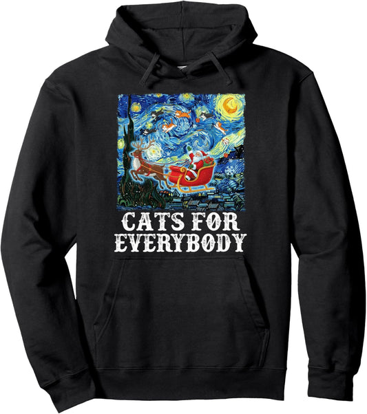 Christmas Cat For Everybody Santa Reindeer Starry Night Xmas Pullover Hoodie