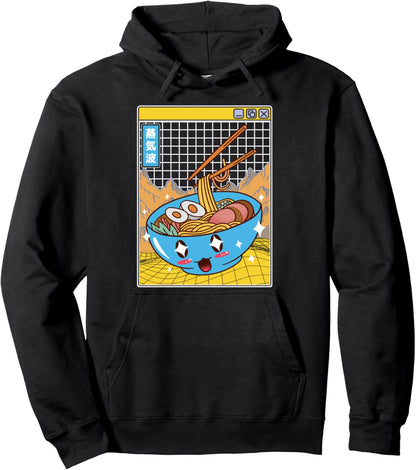 Happy Ramen Bowl Digital Japan Style Otaku Anime Vaporwave Pullover Hoodie
