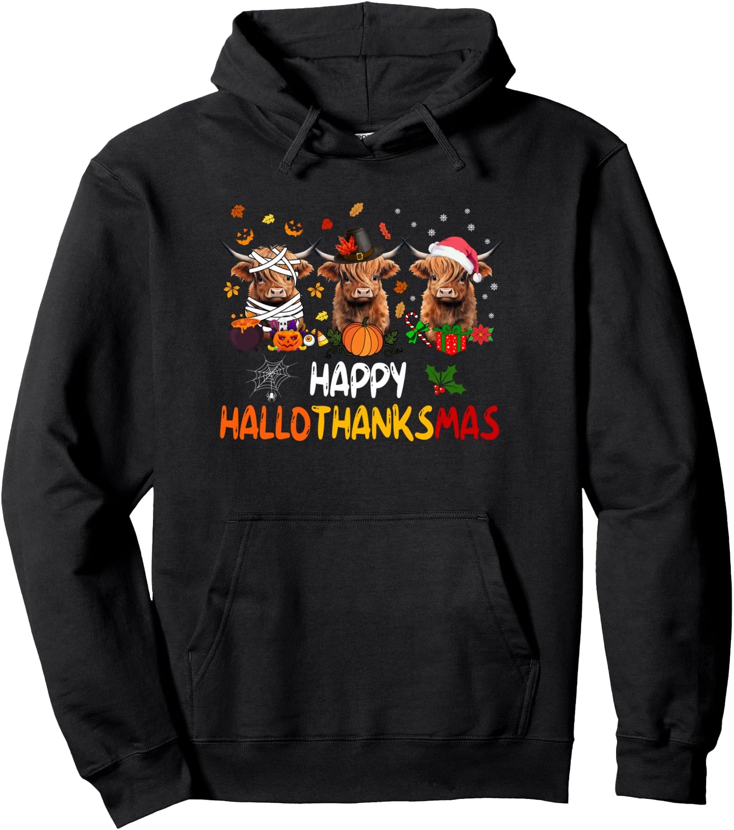 Happy Hallothanksmas Highland Cow Halloween Thanksgiving Pullover Hoodie