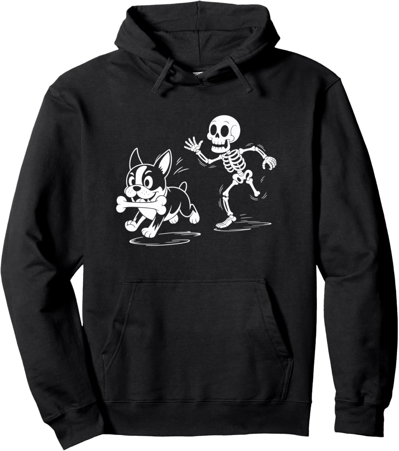 Funny Halloween Dogs Skeleton Chasing Dog Boston Terrier Pullover Hoodie