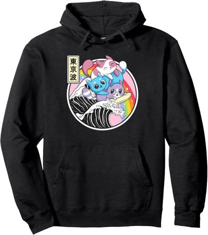 Playing Cats Surfing Kanagawa Wave Kawaii Anime Vaporwave Pullover Hoodie