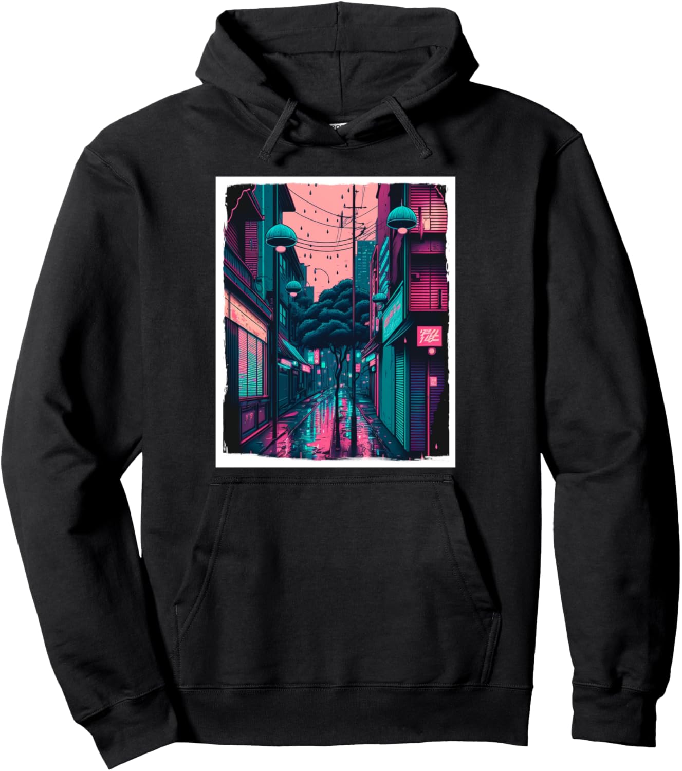 Vaporwave Aesthetic Retro Japan Neon Girl Rain Emo Anime Pullover Hoodie