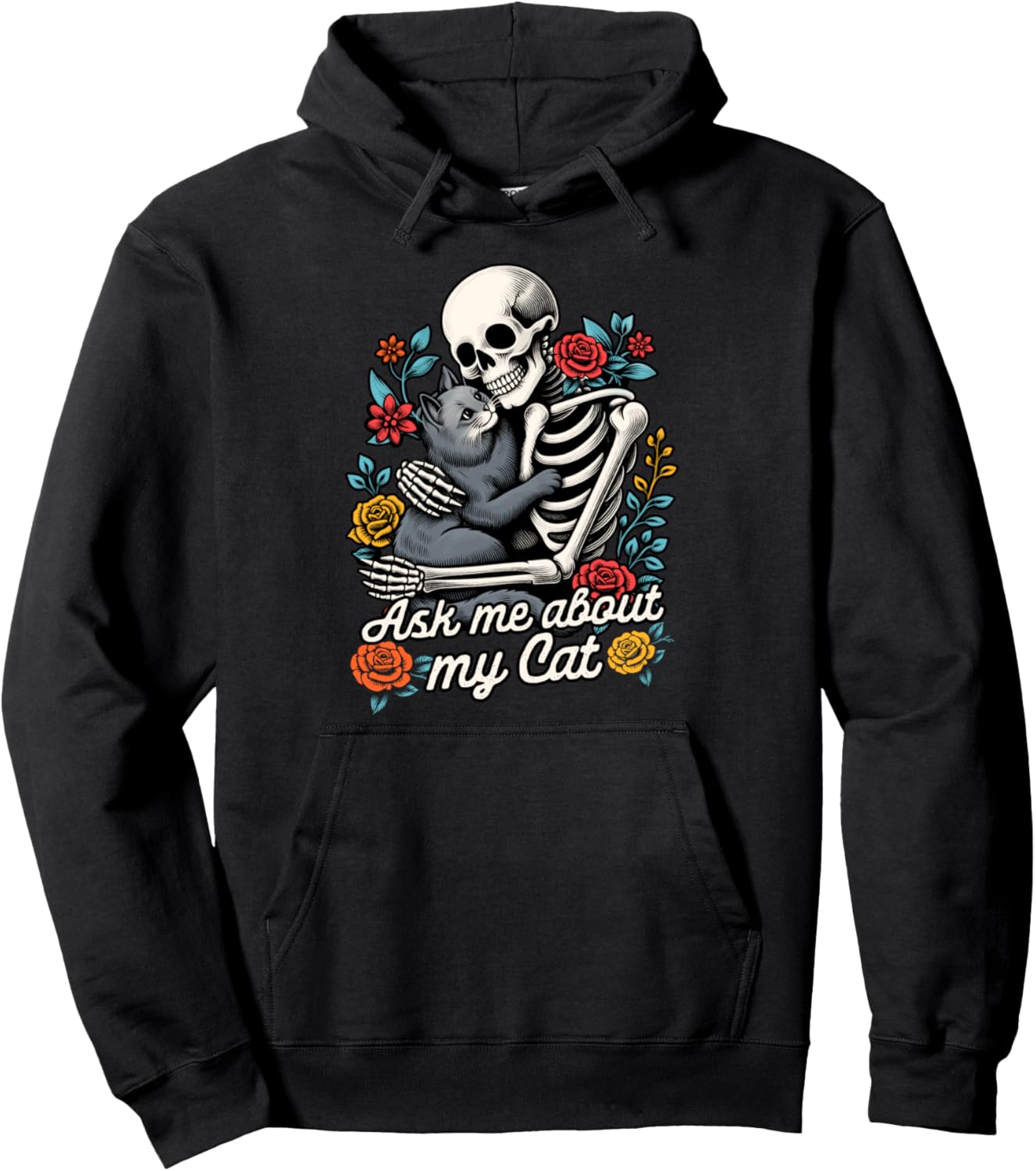 Cat Lover Cat Mom Skeleton Hugs Cat Asks Me About My Cat Pullover Hoodie