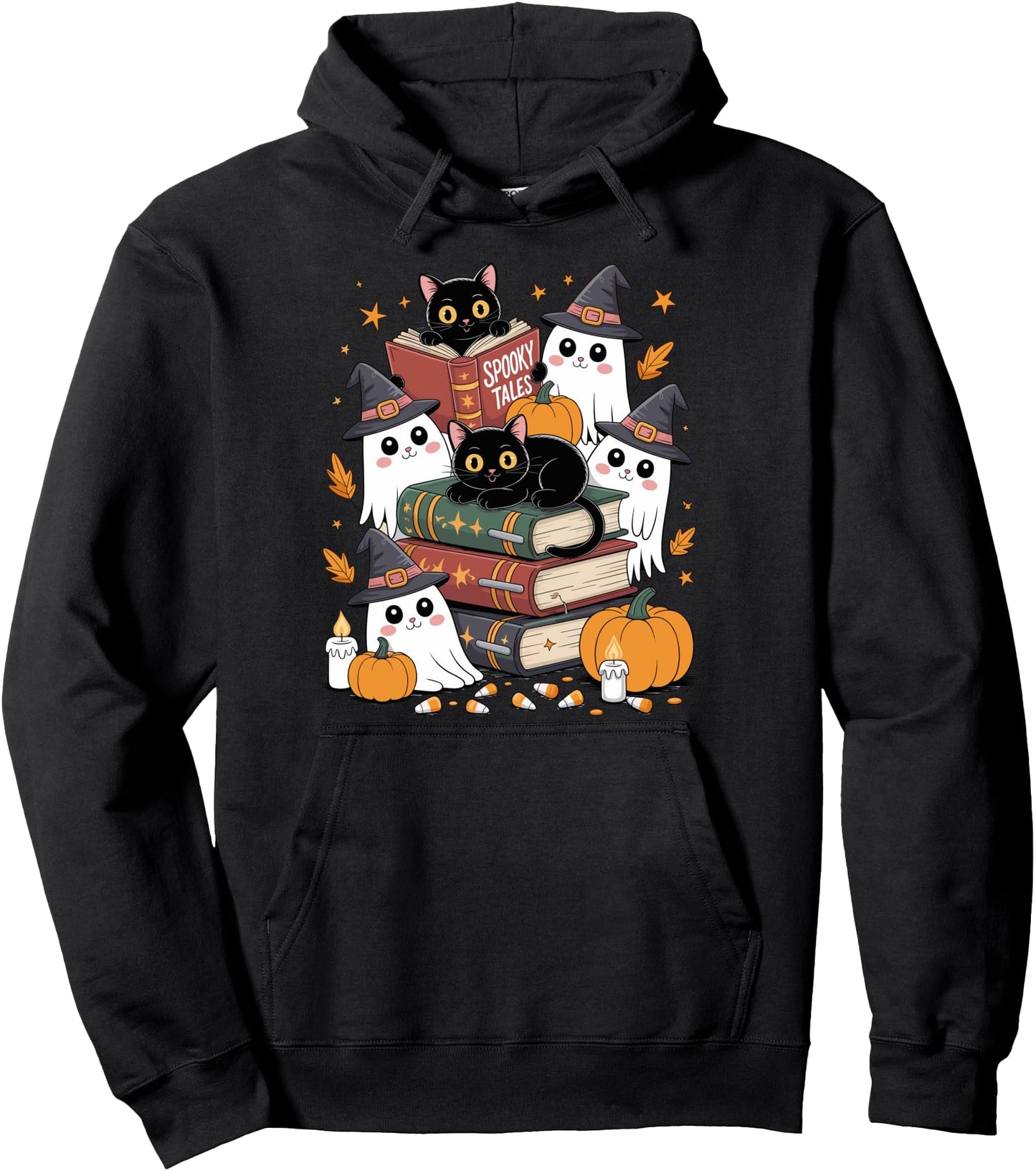 Cute Black Cat Ghost Reading Books Halloween Pullover Hoodie