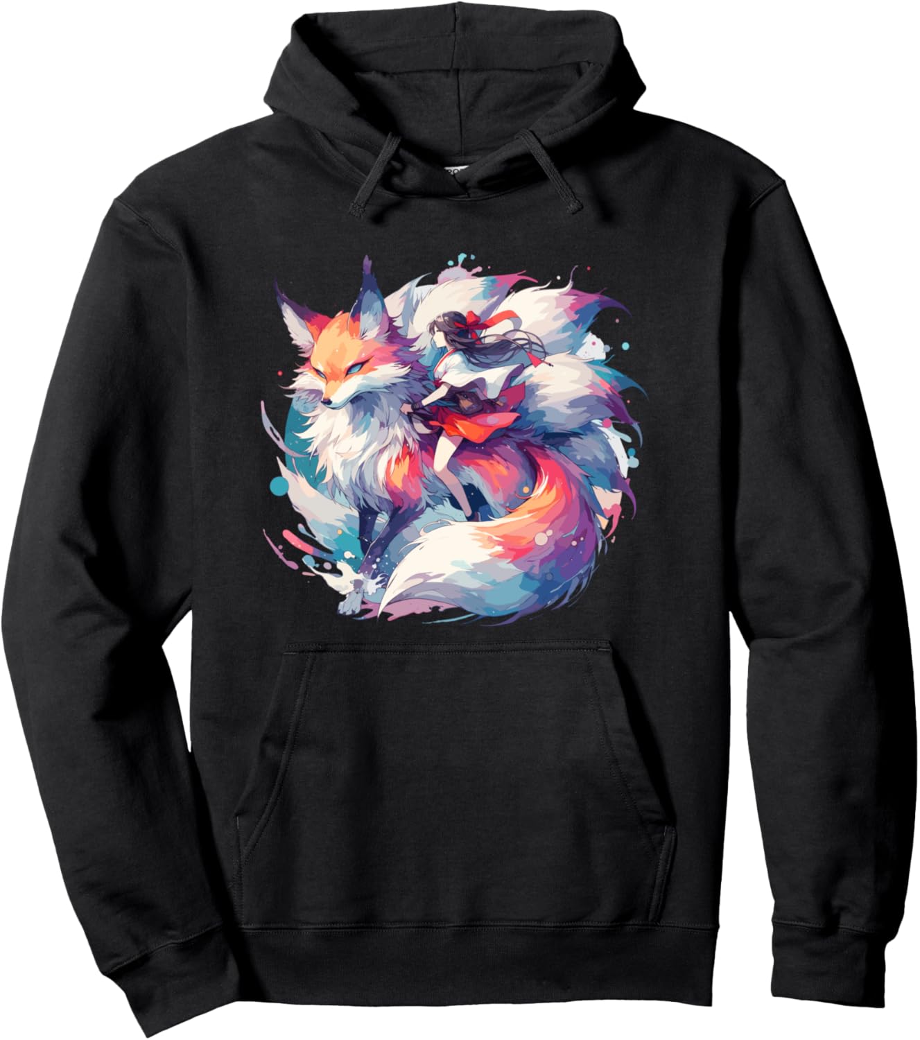 Anime Kitsune Girl On Nine-tailed Fox Pullover Hoodie