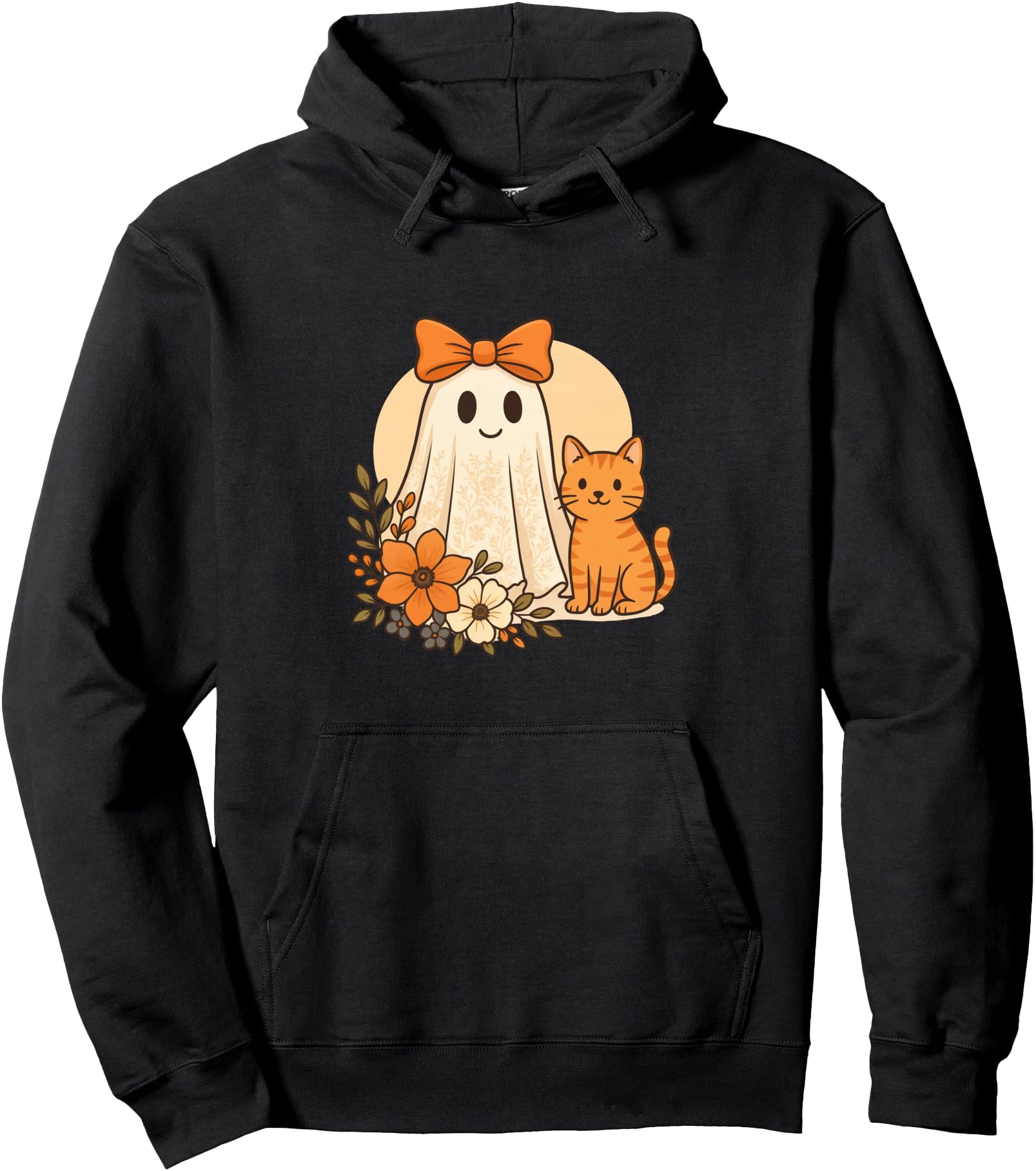 Cute Ghost With Orange Cat Retro Floral Autumn Aesthetic Fun Pullover Hoodie