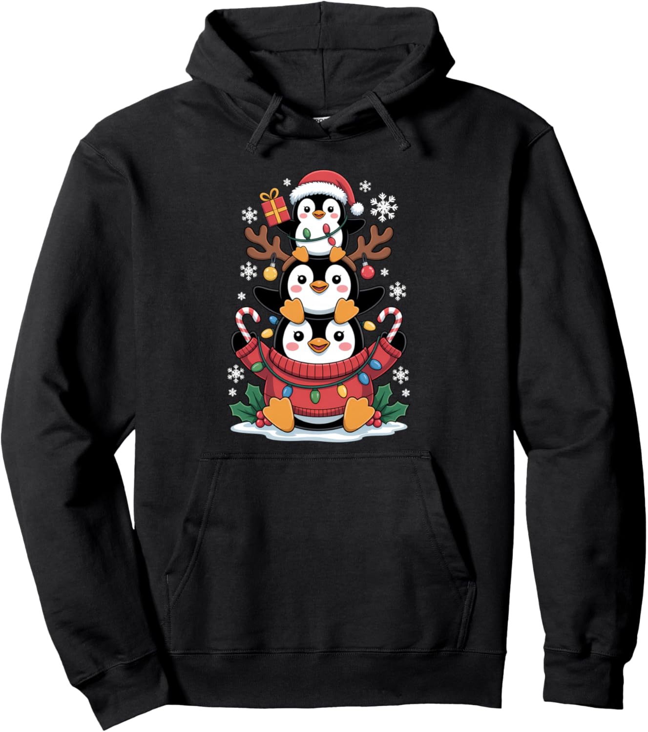 Cute Stacked Penguins Christmas With Santa Hat Xmas Lights Pullover Hoodie