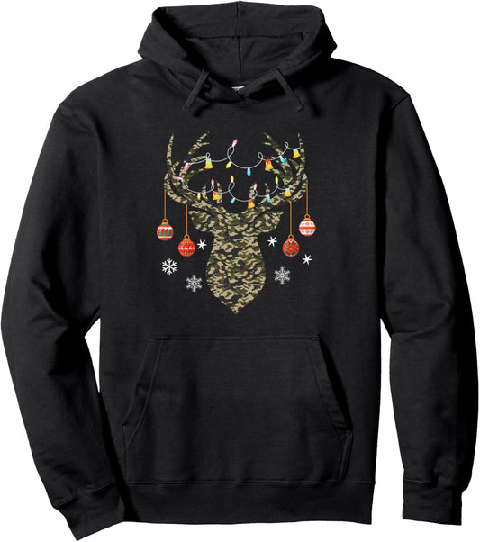 Christmas Holiday Camo Hunting Reindeer Deer Xmas Lights Pullover Hoodie
