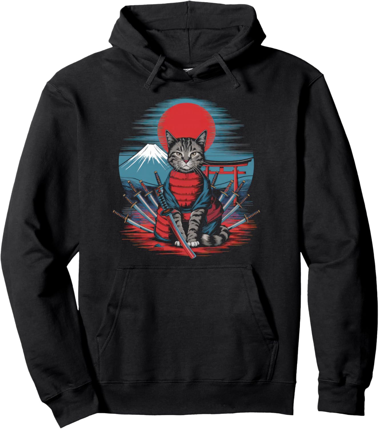 Samurai Cat Vintage Ukiyo-e Warrior Kanji Japan Anime Ink Pullover Hoodie