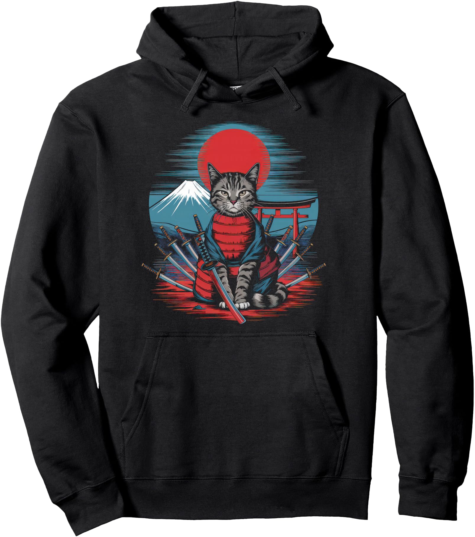 Samurai Cat Vintage Ukiyo-e Warrior Kanji Japan Anime Ink Pullover Hoodie