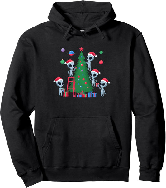 Aliens Decorating a Christmas Tree - Alien Christmas Tree Pullover Hoodie