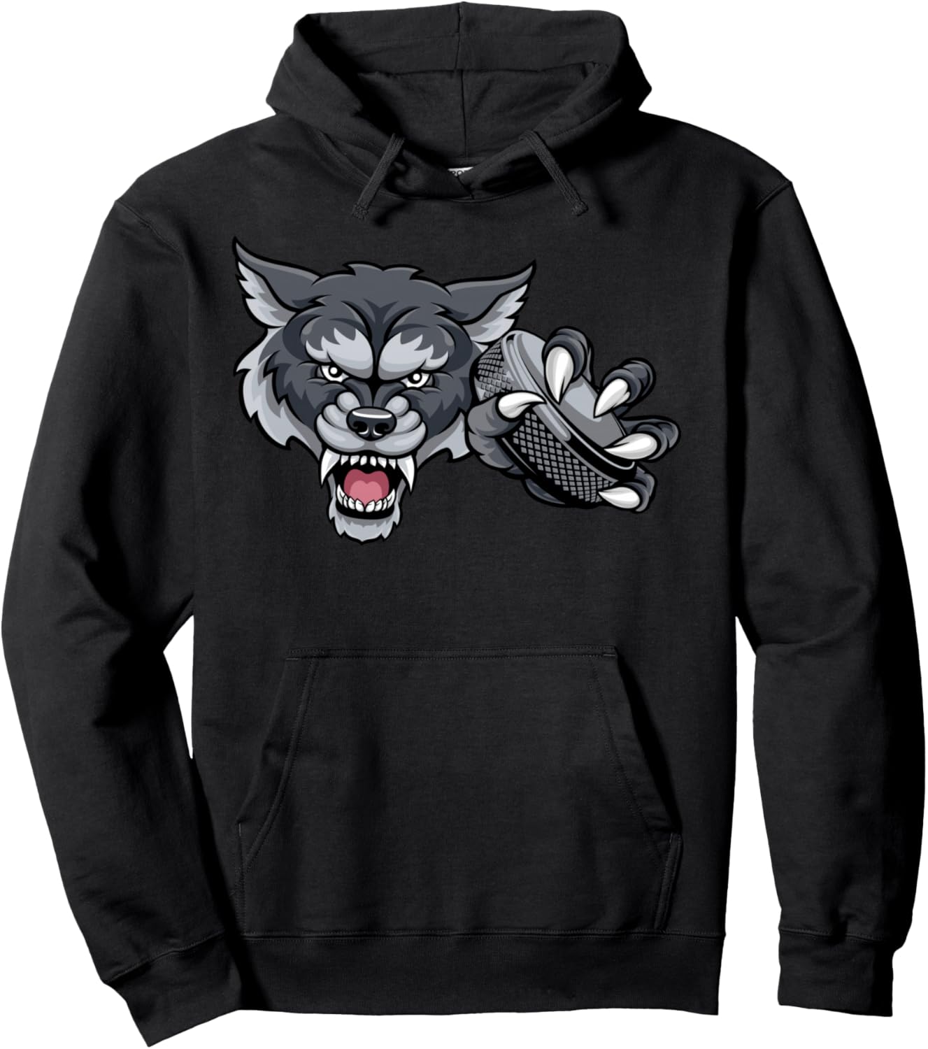 Wolf Cartoon Sports Wolves Team Mascot Holding Hockey Puck Pullover Hoodie