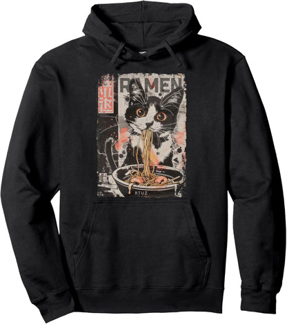 Ramen Noodles Cat Japan Y2K Kawaii Retro Cats Manga Anime Pullover Hoodie