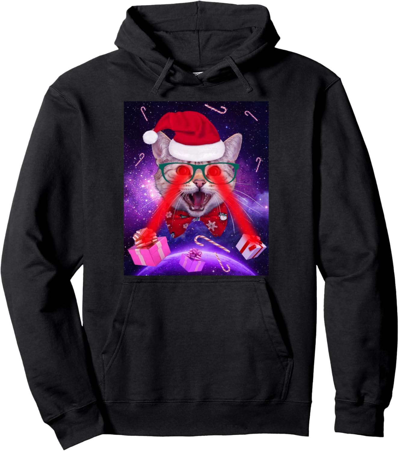 Laser Eyes Space Cat Santa Hat Kitty Funny Christmas Xmas Pullover Hoodie