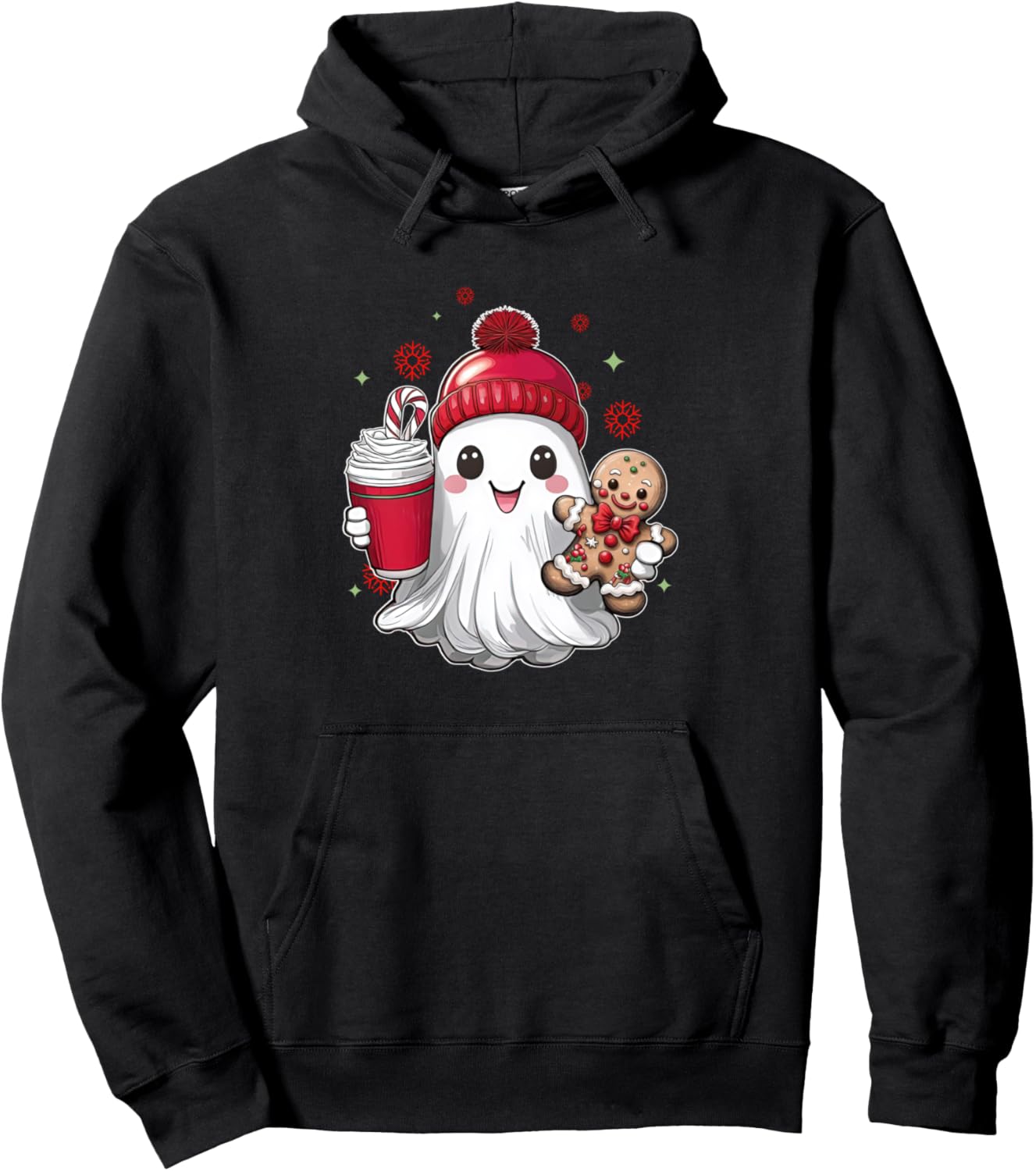 Retro Ghost Beanie Coffee Gingerbread Christmas Holiday Xmas Pullover Hoodie