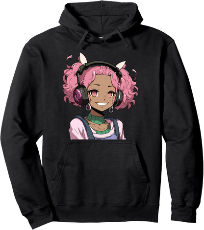 Anime and Music Black Girl Anime Merch Afro African American Pullover Hoodie