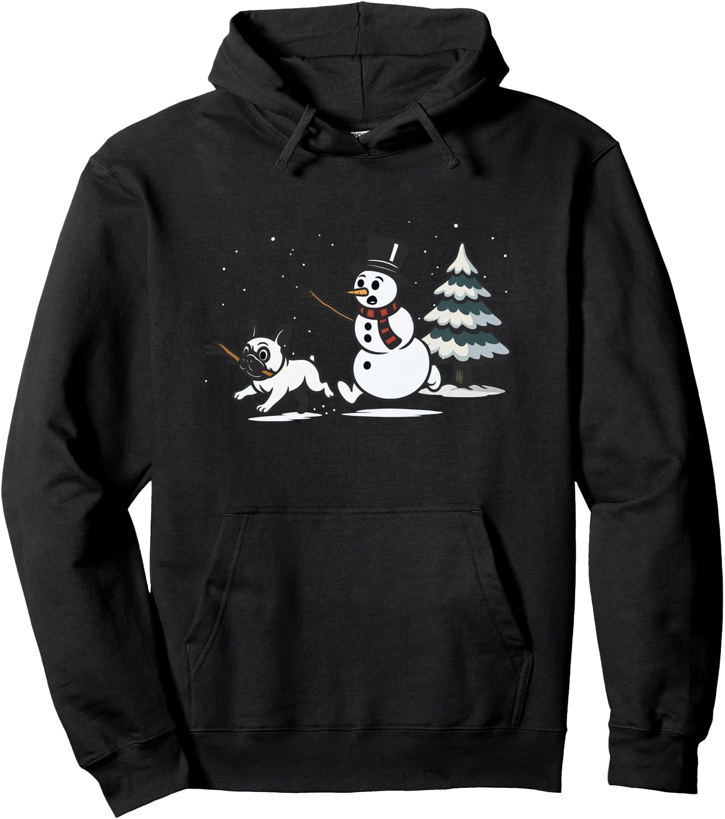 Christmas Snowman Chasing Dog French Bulldog Pullover Hoodie