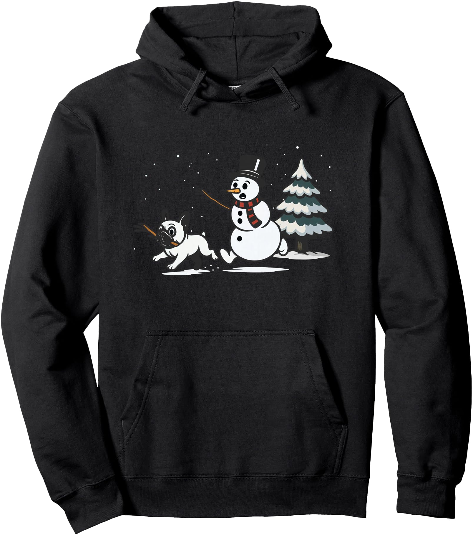 Christmas Snowman Chasing Dog French Bulldog Pullover Hoodie