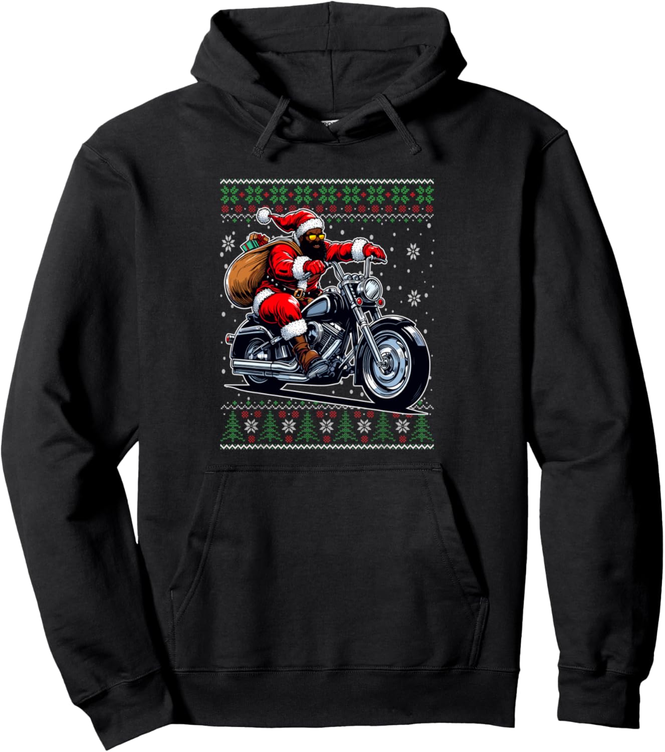 African American Santa Biker Motorcycle Ugly Christmas Pullover Hoodie