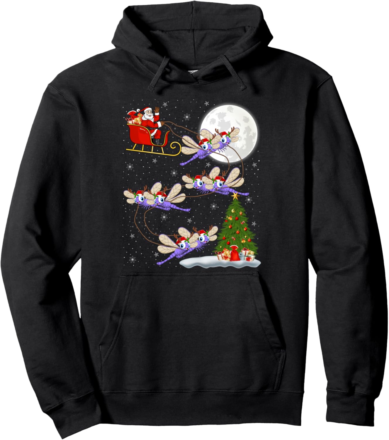 Dragonfly Santa Sleigh Flying Funny Magical Christmas Pullover Hoodie