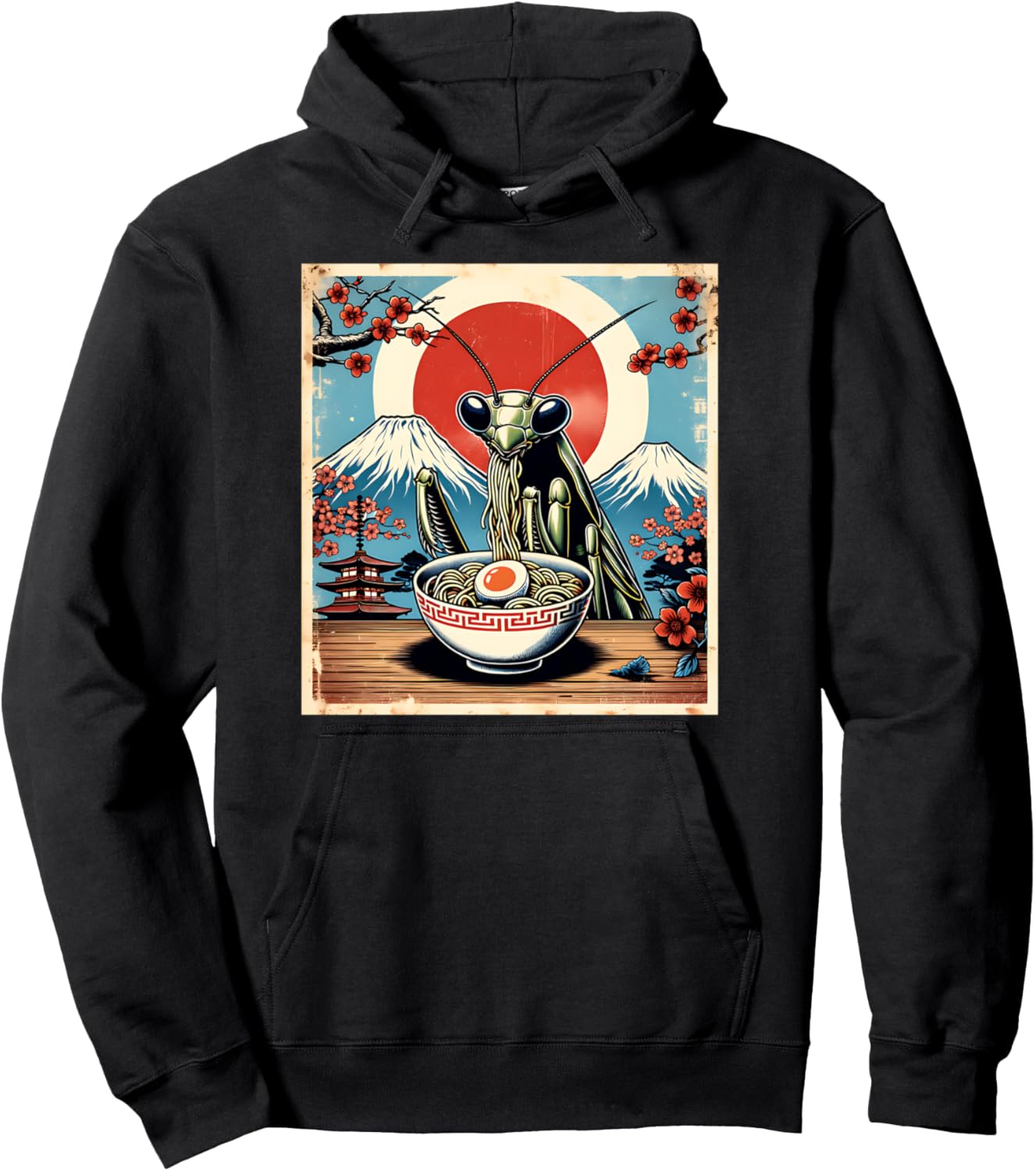 Praying Mantis Ramen Retro Funny Japanese Distressed Pullover Hoodie
