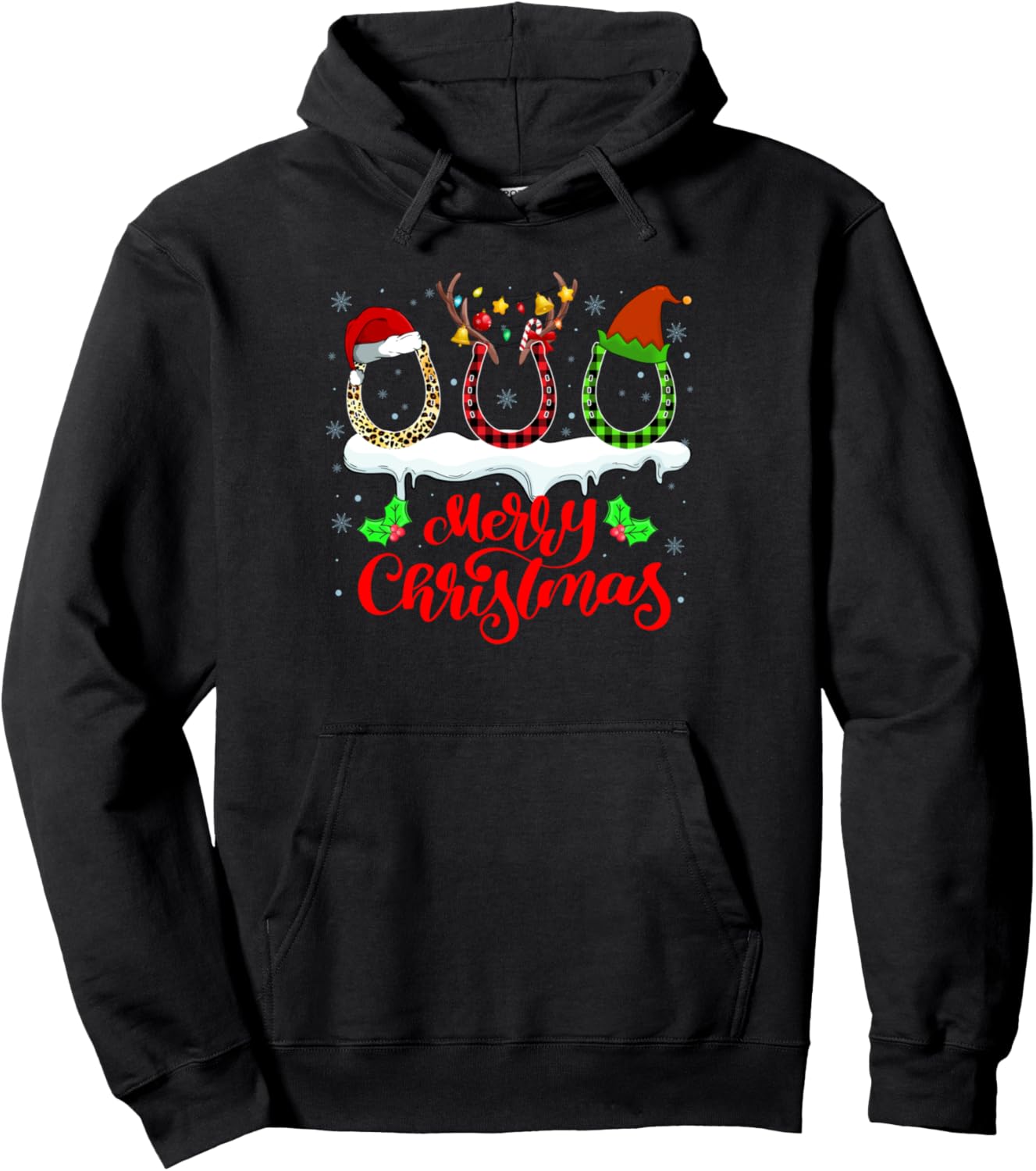 Christmas Horseshoe Shirt Leopard Plaid Santa Hat Horse Xmas Pullover Hoodie
