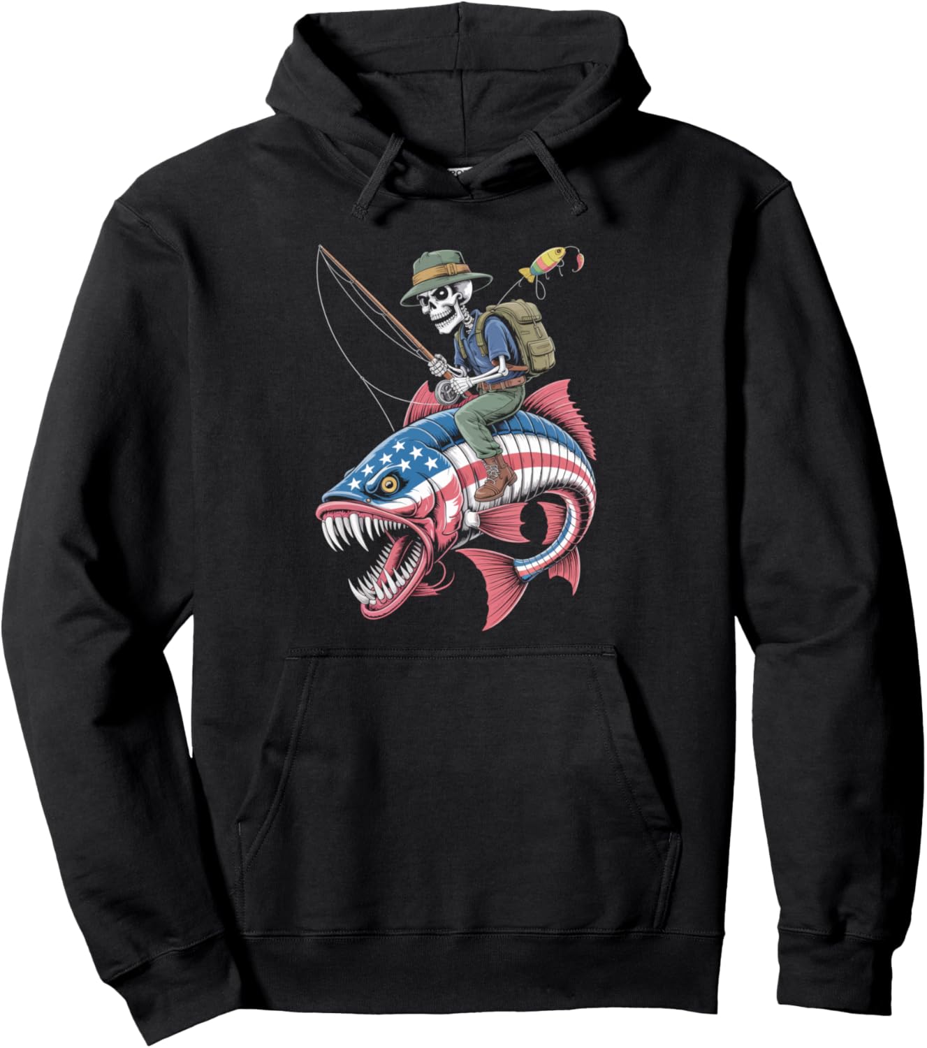 Funny Fishing American Flag Skull Skeleton Bass Fish Pullover Hoodie