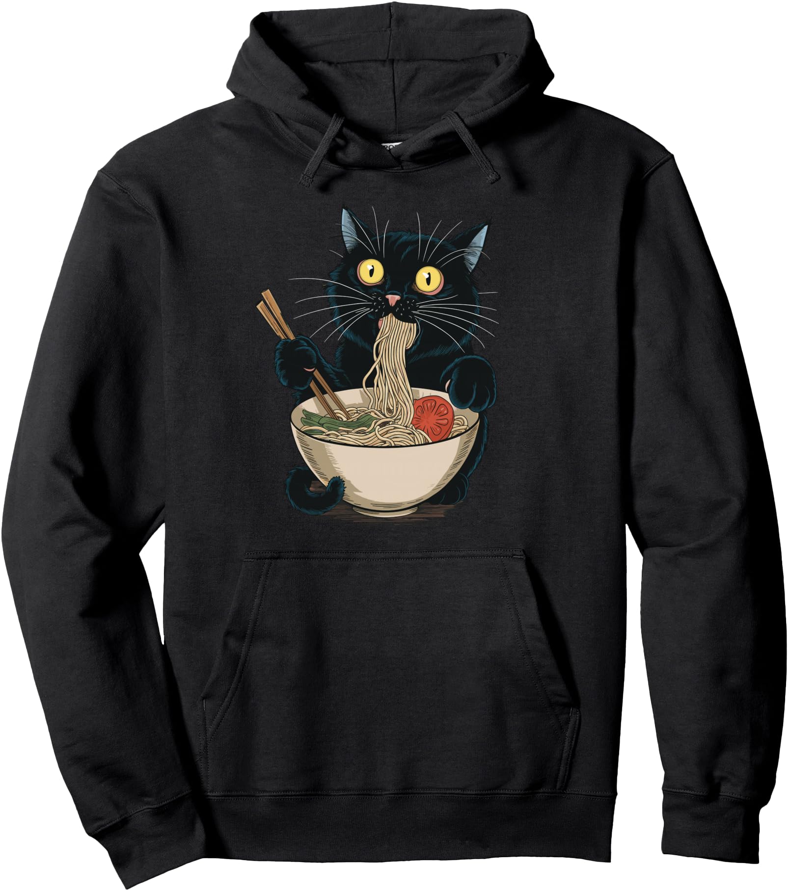 Funny Japanese Cat Eating Ramen Vintage Japanese Noodles Pullover Hoodie