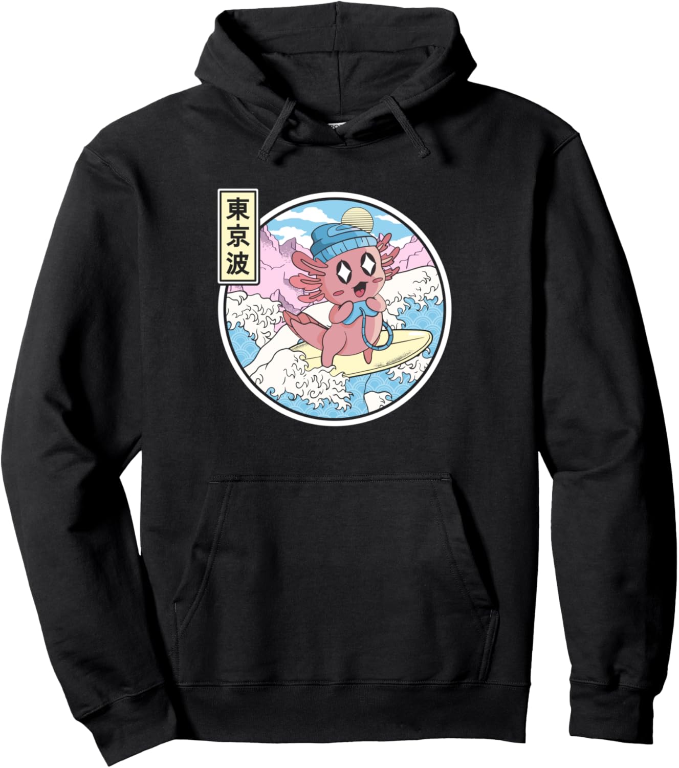 Gaming Axolotl Surfing Japanese Wave Kawaii Vaporwave Anime Pullover Hoodie