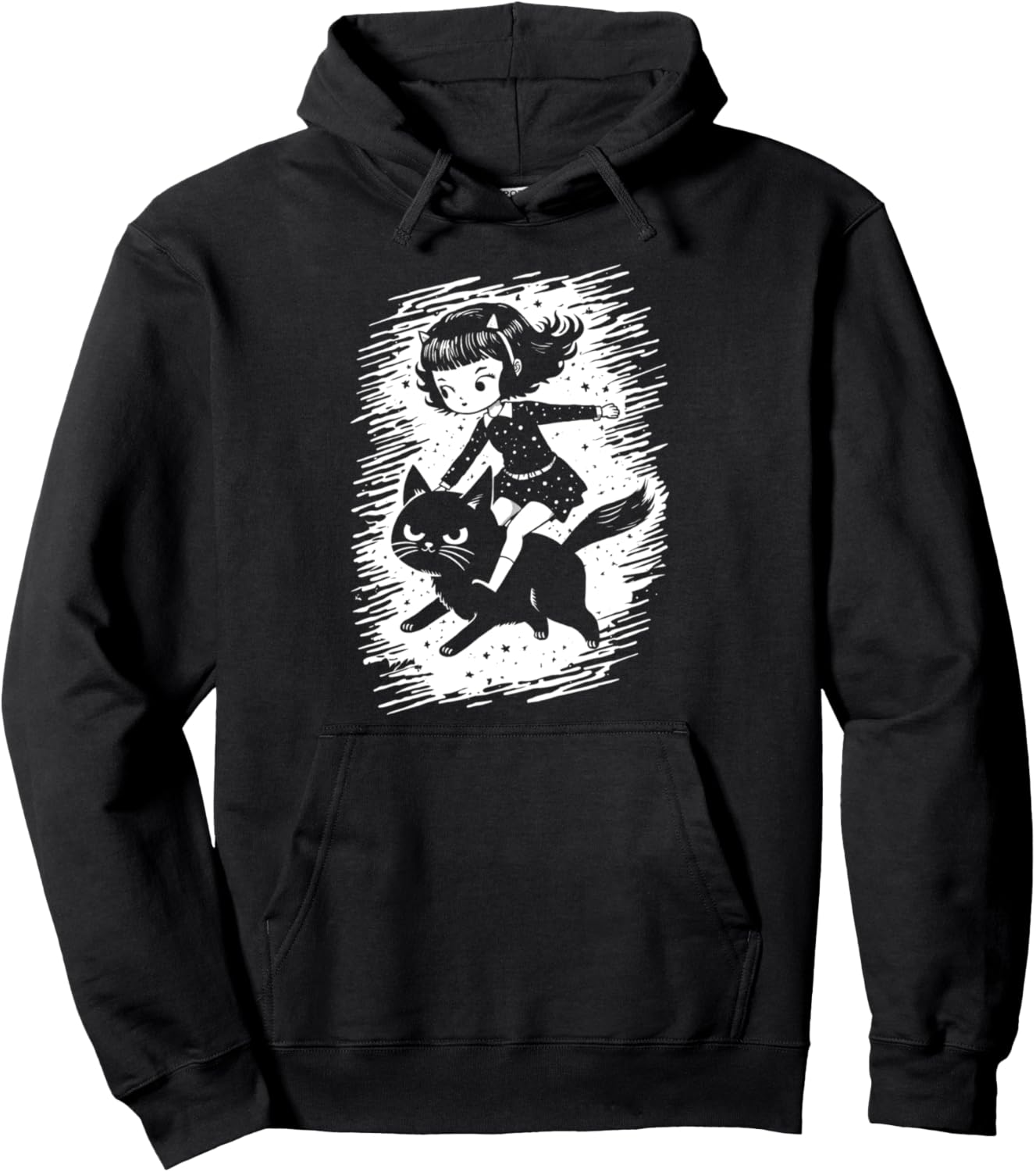 Cute Girl And Cat Escape Into The Night Goth Anime Manga Pullover Hoodie