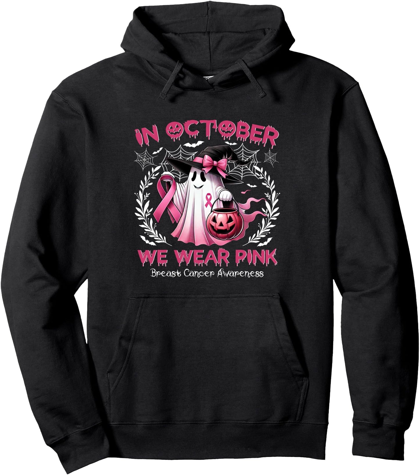 In October We Wear Pink Ghost Witch Breast Cancer Awareness Pullover Hoodie